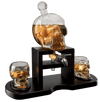 Skull Skeleton Wine & Whiskey Decanter Set 750 mL With 2 Skull 3oz Skeletons Shot Glasses + Mahogany Wooden Base & Pouring Spigot Decor Glass, Goth Spooky Drinking Glassware The Wine Savant