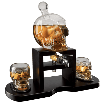 Skull Skeleton Wine & Whiskey Decanter Set 750 mL With 2 Skull 3oz Skeletons Shot Glasses + Mahogany Wooden Base & Pouring Spigot Decor Glass, Goth Spooky Drinking Glassware The Wine Savant