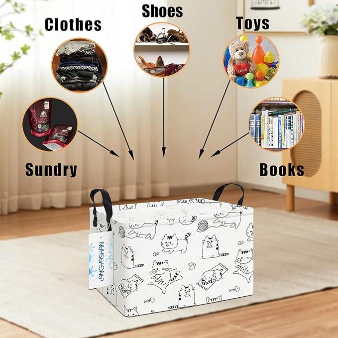 LANGYASHAN Rectangular Storage Bin Collapse Canvas Fabric Cartoon Storage Basket with Handles for Organizing Home Kitchen Boys and Girls Toys Office Closet Shelf Baskets (Rec Cat)