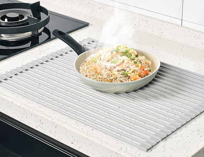 Surpahs Over Sink Foldable Multipurpose Roll-Up Dish Drying Rack, Silicone Wrapped Stainless Steel, Warm Gray, 20.5