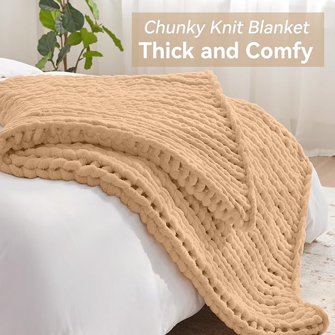Chunky Knit Throw Blanket, 60''*80'' Knitted Throw Chenille Yarn for Bed Couch, Handmade Beige Crochet Big Thick Blanket, Machine Washable Cute Comfy Blanket for Home Decor