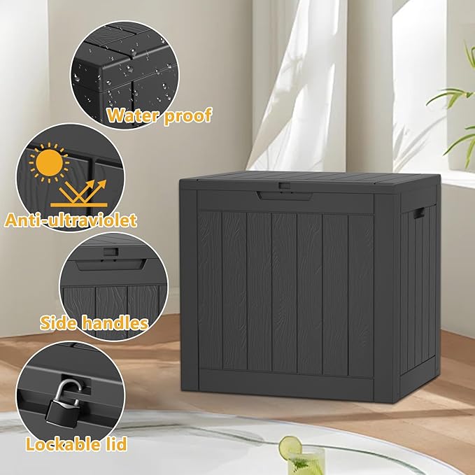 36 Gallon Outdoor Deck Box,Storage Lockable Waterproof Patio Furniture,Garden Tools,Cushions,Pool Accessories Outside Storage Resin Box(Black)