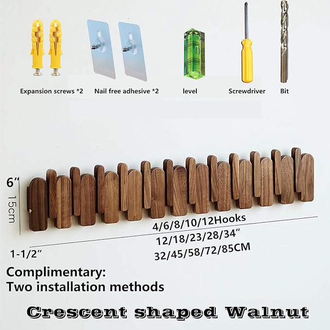 Wall Mounted Piano Key Hanger | Flip Style Hook | Entrance Wall Art Hook, Made of Oak Wood (3 Times Painted, 4 Times Polished) (Arc Walnut, 12Hooks)