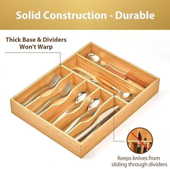 Umilife Kitchen Drawer Organizer, 12.5 Inch Silverware Utensil Tray Holder, Extra Deep, with Non-Slip Feet & Grooved Drawer Divider, 7 Slots Total Bamboo Wood Caddy for Flatware Cutlery Knives