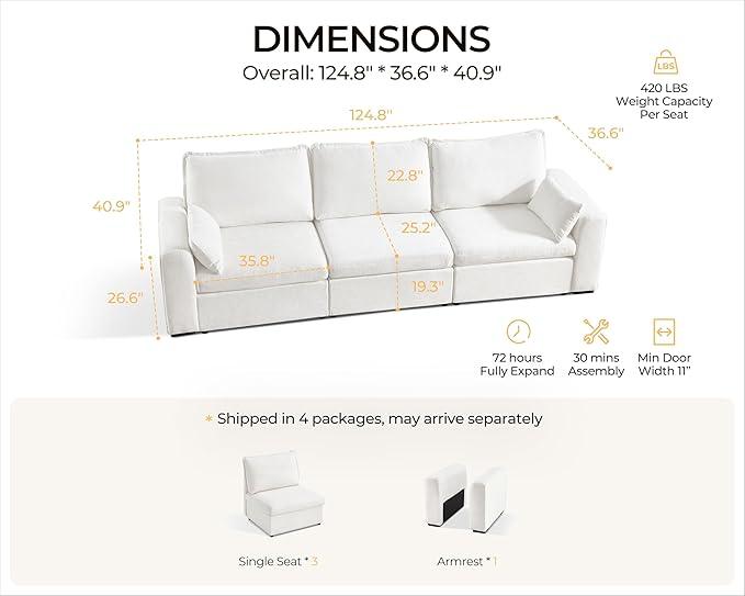 Oversized Modular Sofa Comfy Cloud Couch with Storage, Extra Deep Plush Sectional Sofa Set for Living Room, Covers Washable, Chenille, Olar (White, 3-Seater, Basic Shape)