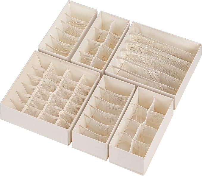 6 Pack Sock Underwear Drawer Organizer Dividers, 58 Cell Foldable Fabric Dresser Closet Organizers and Storage Bins for Clothing, Baby Clothes, Bra, Panty, Scarf, Ties (Beige)