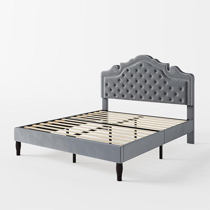 Allewie Full Size Bed Frame with Adjustable Velvet Tiara Headboard, Upholstered Diamond Button Tufted Platform Bed, Wood Slats Support, No Box Spring Needed, Light Grey