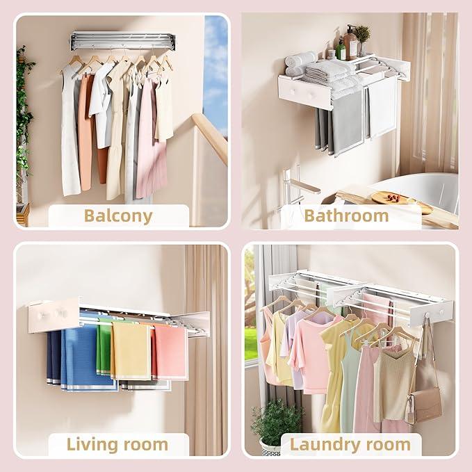 Wall Mounted Drying Rack with 4 Hooks and Shelf, Foldable Clothes Drying Rack for Laundry Room, Collapsible Laundry Rack Wall Mount, for Indoor Outdoor Hanging Clothes, 23.6 Inch