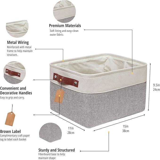 DECOMOMO Storage Bins Fabric Storage Baskets for Shelves, Linen Closet Organization Toys Nursery (Grey and White, Large - 3 Pack)