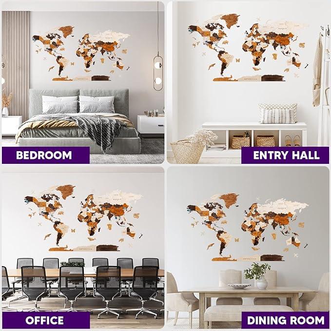 HYPERI Multilayered 3D Wooden World Map Wall Decor, Wood Art Wall Decor, Mapa Mundi Para Pared, World Maps and Push Pins, Valentine's Day Gifts For Dad, Mom, Boss, Husband, Wife (Large)