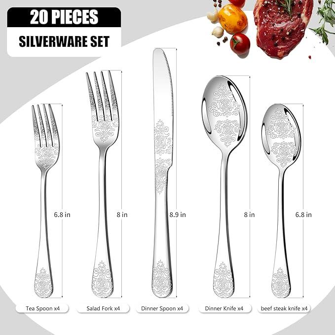 20 Pcs Silverware Set for 4 with Classical Flower Embossed Design, Food Grade Stainless Steel Flatware Set, Eating Utensils Sets Include Fork/Knife/Spoon, Reusable Cutlery Set, Dishwasher Safe