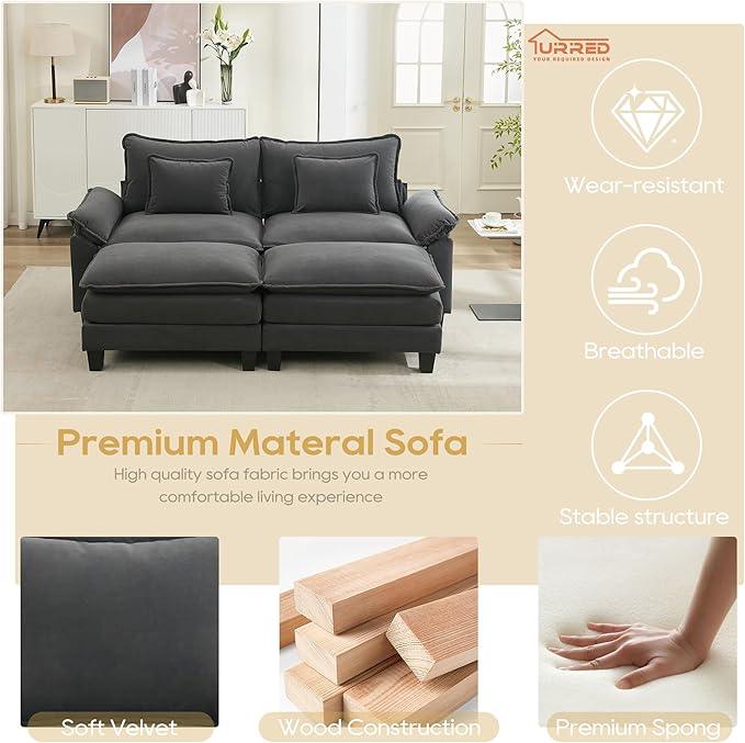URRED Modular Sectional Sofa Comfy Cloud Couch, Modern Velvet Sofa Sleeper Deep Seat Couches with Ottoman/Pillows for Living Room (Dark Gray, 82.6''- 2 Ottomans)