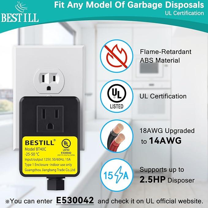 BESTILL Garbage Disposal Air Switch Kit, Square Raised Push Button Ideal for Long Nails, Cordless Sink Top Brass Switch for Food Waste Disposer, Brushed Nickel, Compatible with all Garbage Disposals