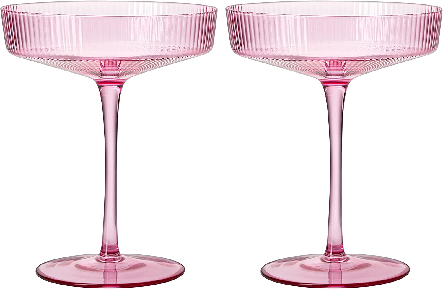 The Wine Savant Ribbed Coupe Cocktail Glasses 8 oz | Set of 2 | Classic Manhattan Glasses For Cocktails, Champagne Coupe, Ripple Coupe Glasses, Art Deco Gatsby Vintage, Crystal with Stems (Rose Pink)