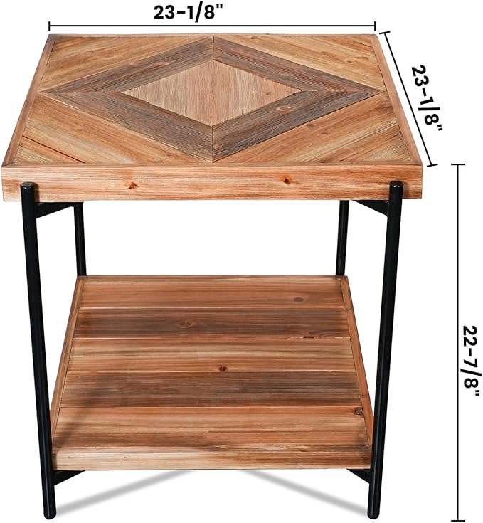 CONSDAN StoneCreek Solid Fir Wood Side Table - Metal Frame, 2-Tier End Table for Living Room/Bedroom/Office, 23
