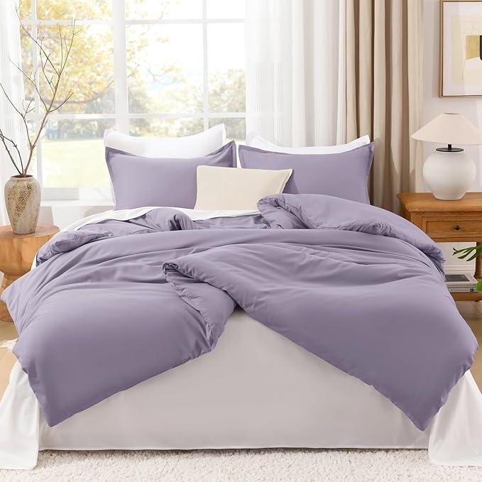 Litanika Grayish Lavender Purple Comforter Set Full Size, 3 Pieces Lightweight Solid Bedding Comforter Set, All Season Fluffy Bed Set (79x90In Comforter & 2 Pillowcases)