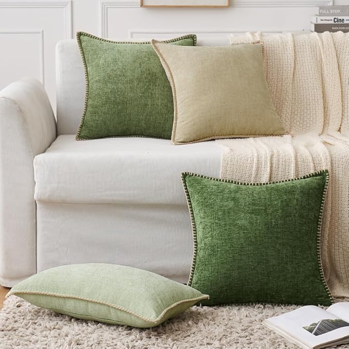 MIULEE Pack of 2 Christmas Pillow Covers 22x22 Inch Moss Green Farmhouse Decorative Throw Pillow Covers with Stitched Edge Soft Chenille Solid Dyed Couch Pillow Covers for Sofa Bed Living Room