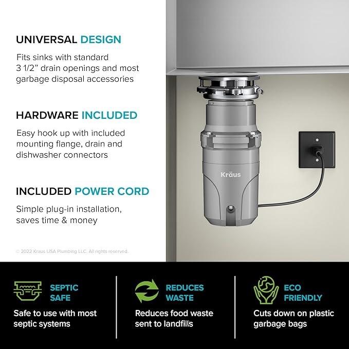 KRAUS® WasteGuard™ High-Speed 1/2 HP Continuous Feed Ultra-Quiet Motor Garbage Disposal with Power Cord and Flange Included and Universal Mount