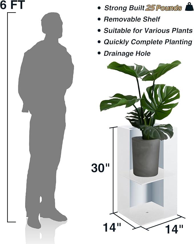 Metallic Heavy Tall Outdoor/Indoor Planter Box, Seamless Metal Planter, Rectangular, 14”Lx14”Wx30”H, ‎25 Pounds Each, Pure White, No Assembly and Seamless, Set of 2