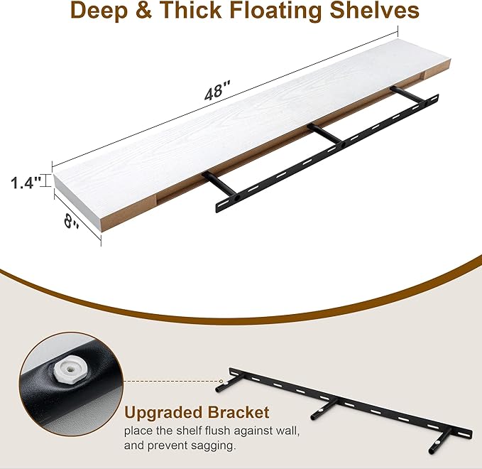 White Floating Shelves 48 Inch Long, 8 Deep Floating Shelves for Wall, Rustic 48