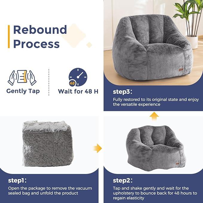 MAXYOYO Bean Bag Chair, Comfy Bean Bag Sofa with Back Support, Faux Fur Bean Bag Chair for Adults and Kids, Stuffed Floor Sofa for Living Room, Bedroom, Apartment, Grey