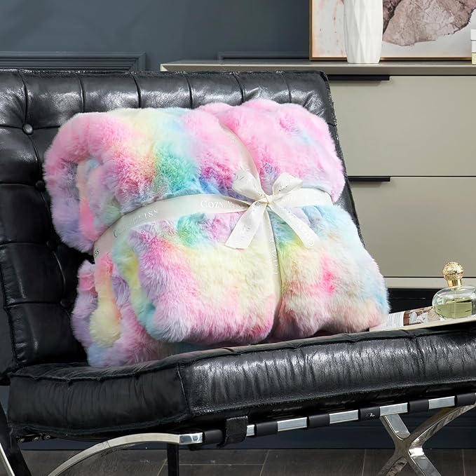 Cozy Bliss Faux Fur Throw Blanket for Couch, Fuzzy Soft Plush Thick Bubble Blanket for Sofa Bedroom Living Room,50 * 60 Inches Tie-dye Rainbow