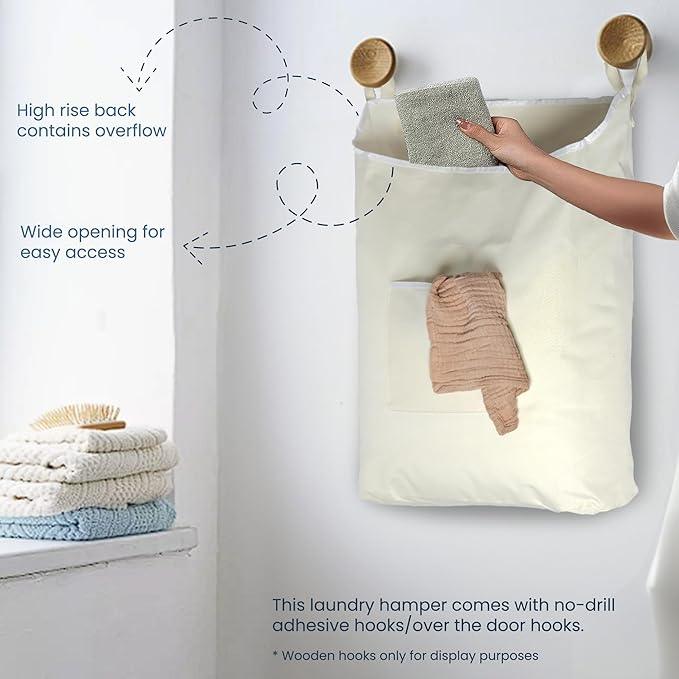 The Fine Living Co. Hanging Laundry Hamper with Over Door Hooks & Adhesive, Durable Space Saving Laundry Bag with Zipper and Wide Open Top, Hanging Dorm Laundry Hamper 18