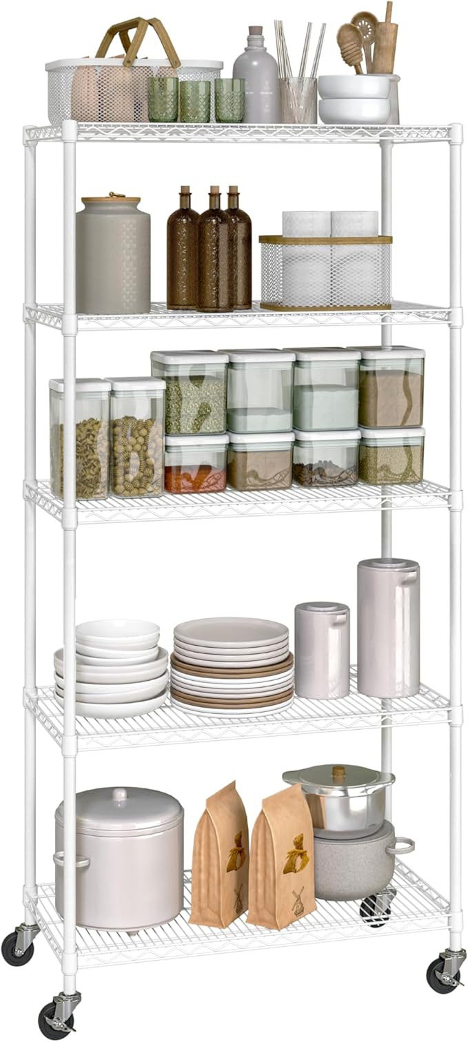 Seville Classics UltraDurable Heavy Duty NSF Solid Steel Wire Rack Storage Unit, Organizer for Garage, Warehouse, Office, Restaurant, Classroom, Kitchen, White, 5-Tier Shelving, 36