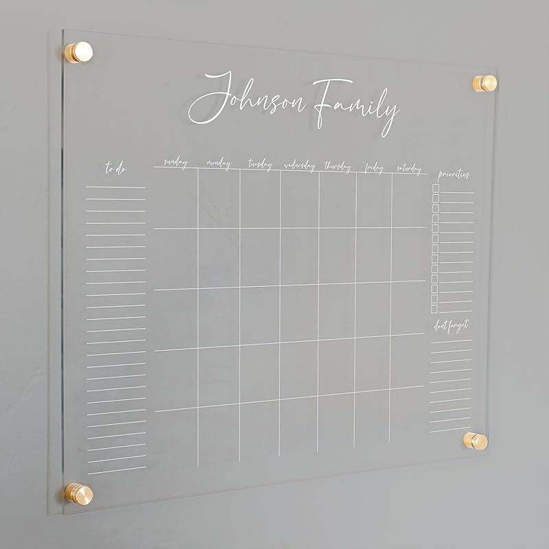 Personalized Clear Acrylic Calendar for Wall, Calendar Whiteboard for Wall, Dry Erase Wall Calendar, Wall Calendar Organizer System for Home (Cursive, White, 23