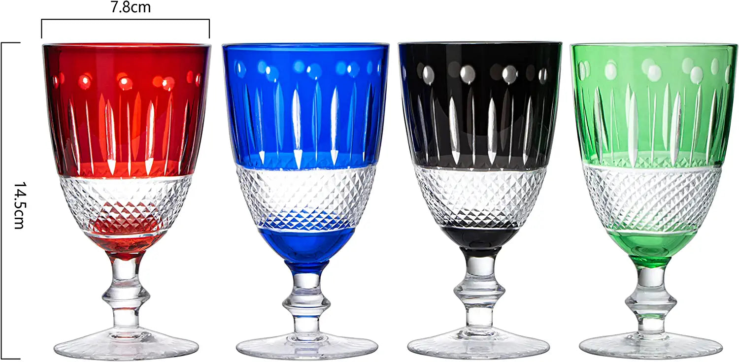 The Wine Savant Crystal Italian Multicolor Design Cups -Set of 4 Short Chalice Glasses 8oz 5.7