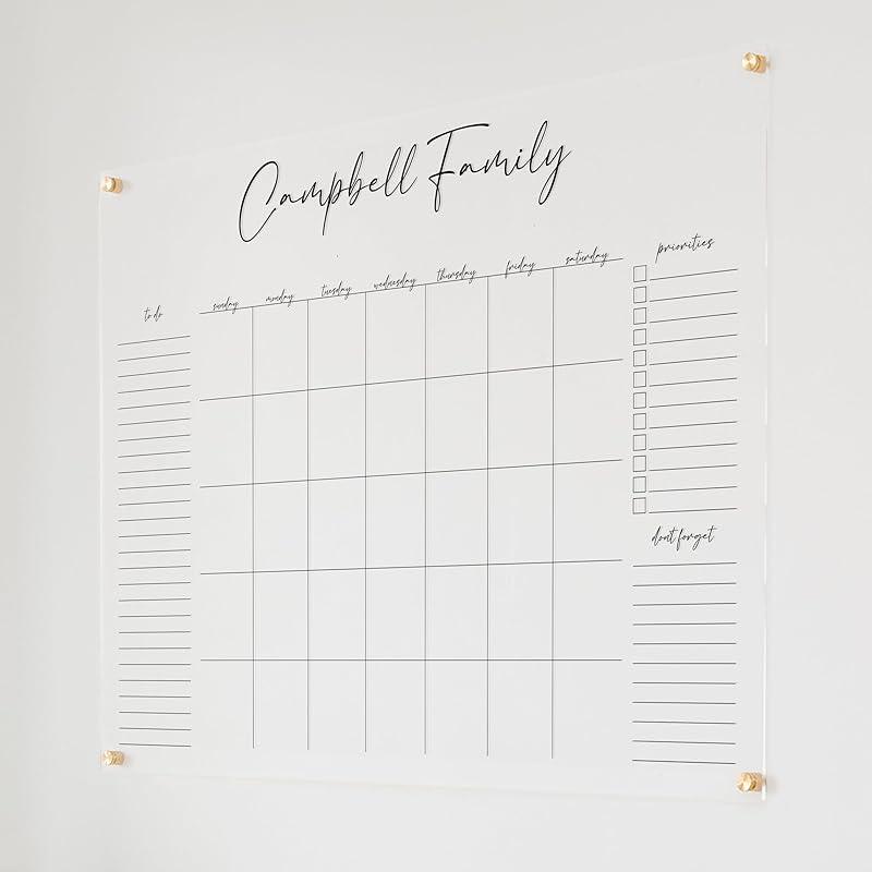 Personalized Clear Acrylic Calendar for Wall, Calendar Whiteboard for Wall, Dry Erase Wall Calendar, Wall Calendar Organizer System for Home (Cursive, Black, 47.5