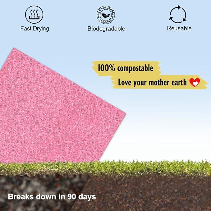 Swedish Dishcloths - 10 Pack Reusable Kitchen Dishcloths - Ultra Absorbent Dish Towels for Washing Dishes - Cellulose Sponge Cloth Cleaning Cloths - Pink