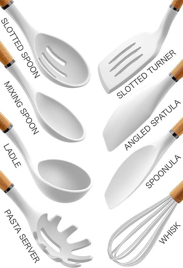 Country Kitchen Non Stick Silicone Utensil Set with Rounded Wood Handles for Cooking and Baking, 8 Piece Set, White