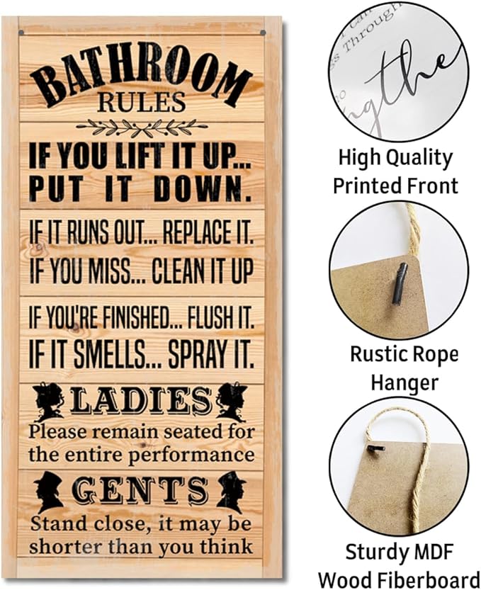 Rustic Western Bathroom Decor - Funny Wall Signs, Farmhouse Country Rules Wall Decor H1