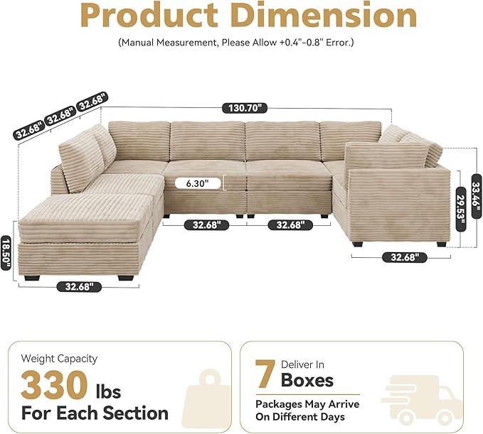 Modular Sectional Sofa with Chaise U Shaped Sectional Couch for Living Room, 7-Seater Comfy Cloud Couches with One Movable Ottoman, Plush Corduroy, Beige
