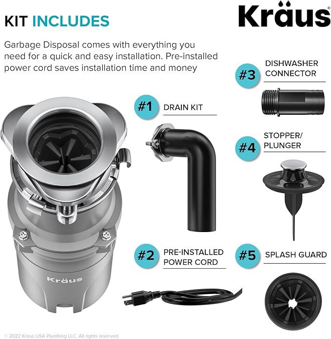 KRAUS® WasteGuard™ High-Speed 1/2 HP Continuous Feed Ultra-Quiet Motor Garbage Disposal with Power Cord and Flange Included and Universal Mount