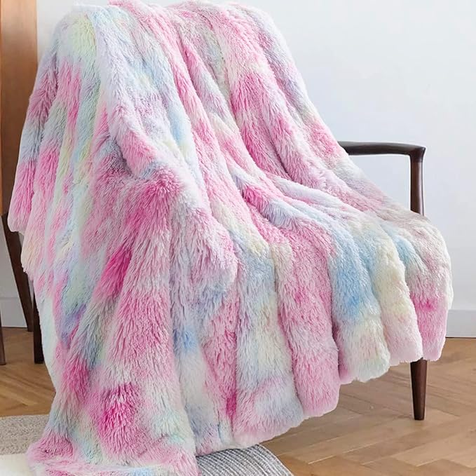 GONAAP Fuzzy Faux Fur Throw Blanket Tie-dye Rainbow Super Soft Cozy Plush Fuzzy Shaggy Blanket for Couch Sofa Bed (Tie-dye Rainbow, Throw(50