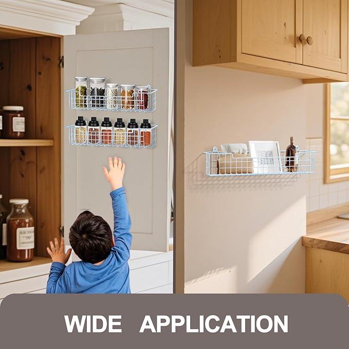 Spice Rack, 4-Pack Seasoning Organizer Wall Mount for Kitchen Storage Organization, Metal Spice Holder Shelf Saving Space for Cabinet, RV, Pantry, Blue