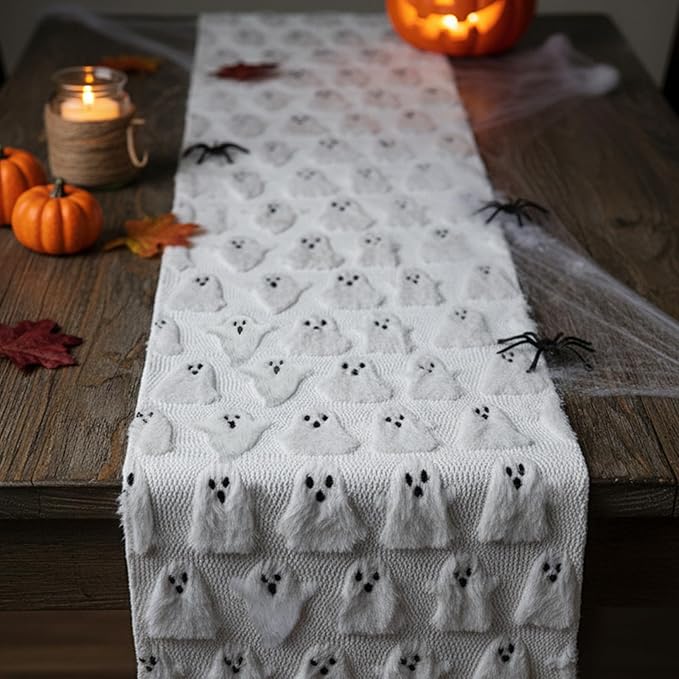 Halloween Table Runner Ghost Soft Plush Faux Fur Halloween Table Runner Hallowee Home Decor, Holiday Kitchen Dining Table Decoration for Home Party Decor 13x72 Inch