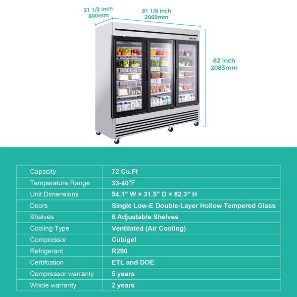 72 Cu.Ft Triple-Door Stainless Steel Commercial Reach-In Display Refrigerator (SAK26394)