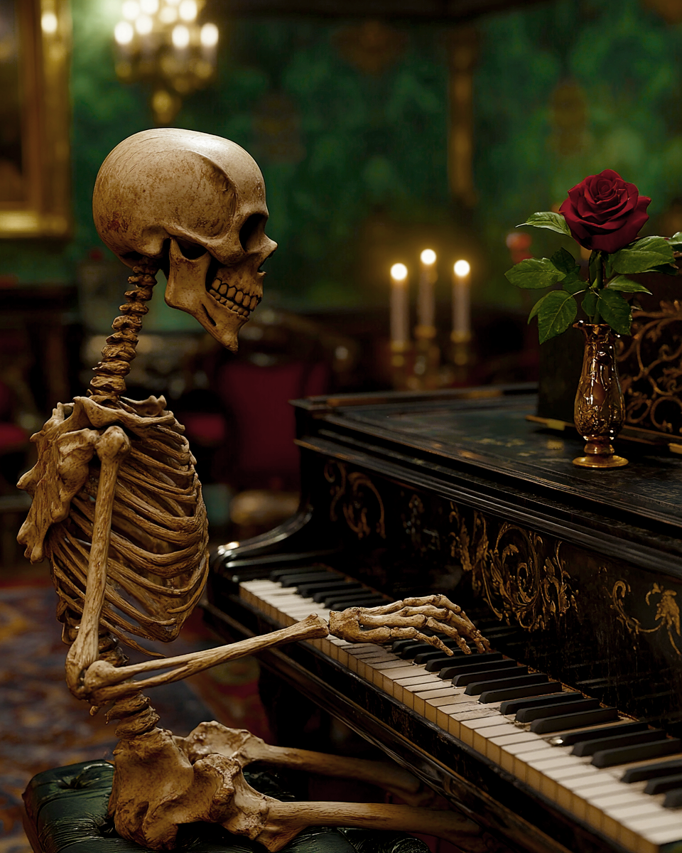 Goth Skeleton Art Print - Gothic 8x10 Skeleton Piano Artwork with Moody Palette
