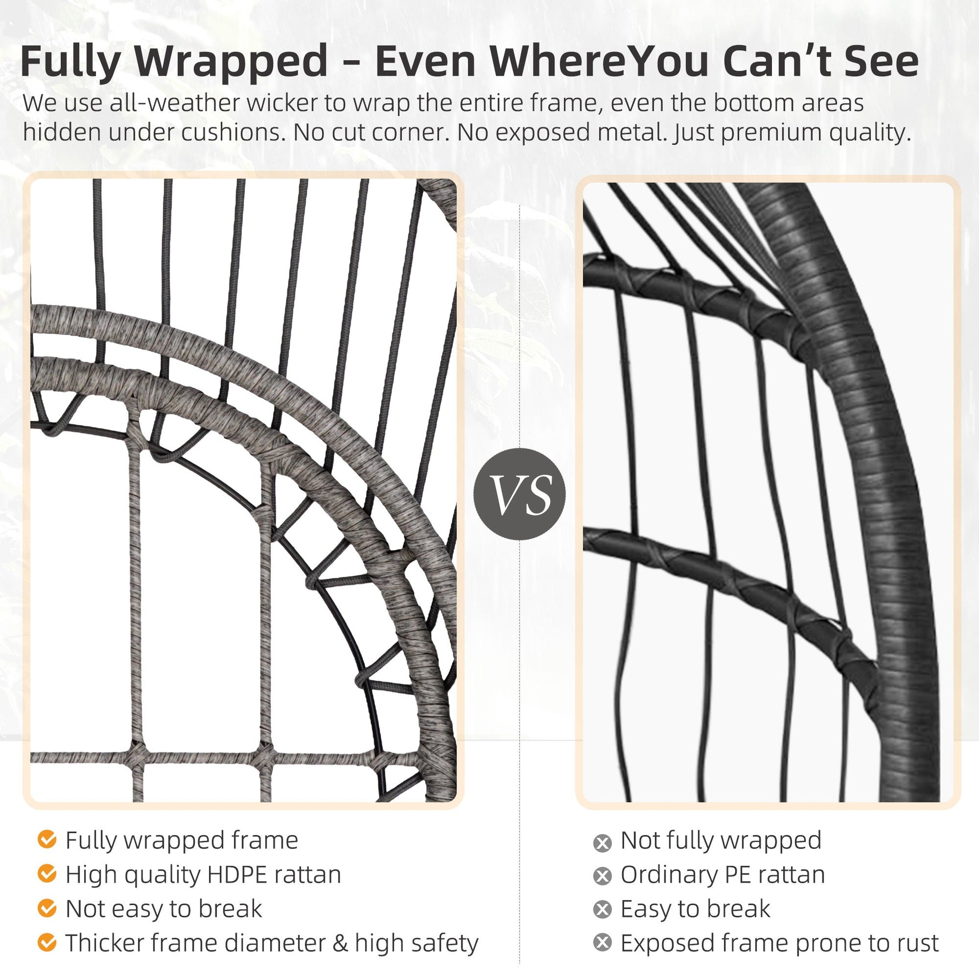 Outdoor Garden Rattan Egg Swing Hanging Chair PE Wicker Hanging Chair for Outdoor Patio