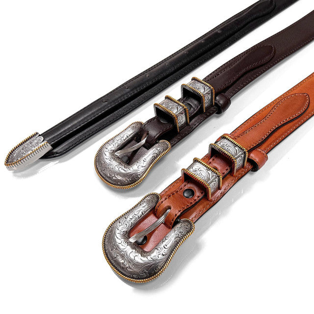 Western Ranger Antique Gold Engraved Buckle Genuine Cowhide Leather Belt