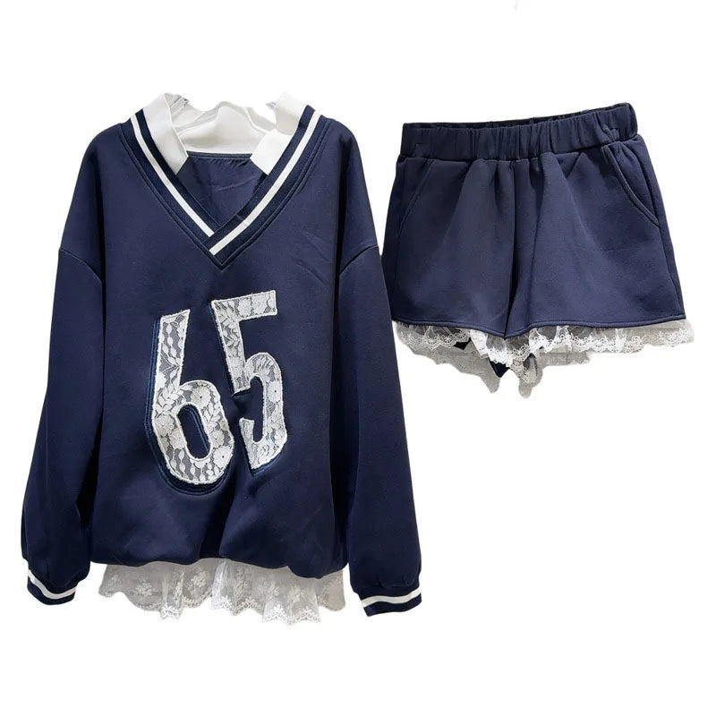 Autumn New Fashion Women's Set V-neck Digital Pattern Embroidered Hoodie Elastic Waist Lace Edge Shorts