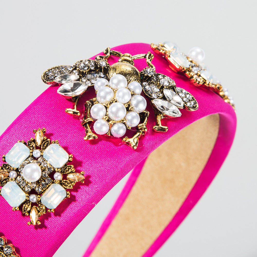 Creative Baroque Headband With Rhinestones Pearl Headband Bee Colorful Fabric Garland Headgear