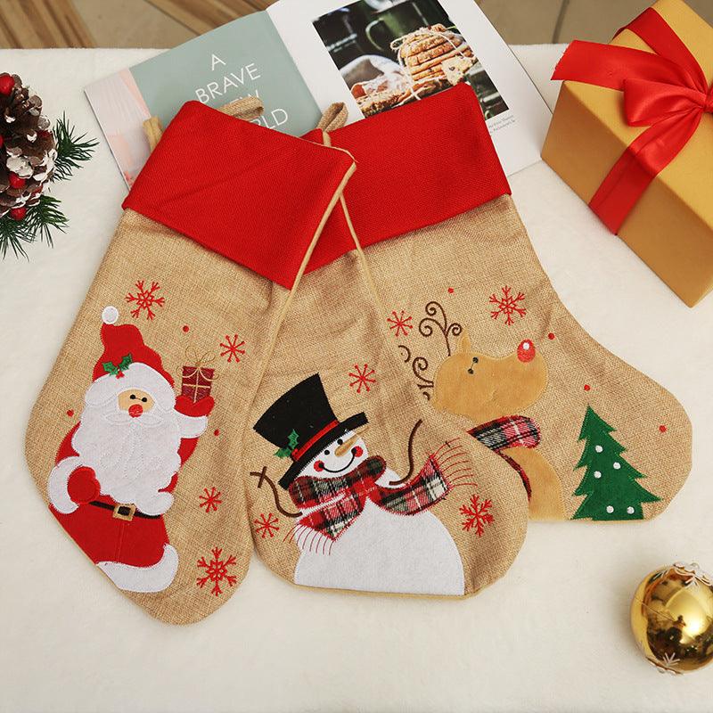 Christmas Decoration Linen Red Bordered Old Man Snowman Christmas Socks Christmas Gift Bag Candy Socks