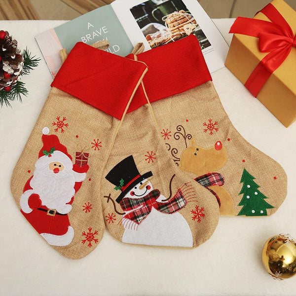 Christmas Decoration Linen Red Bordered Old Man Snowman Christmas Socks Christmas Gift Bag Candy Socks