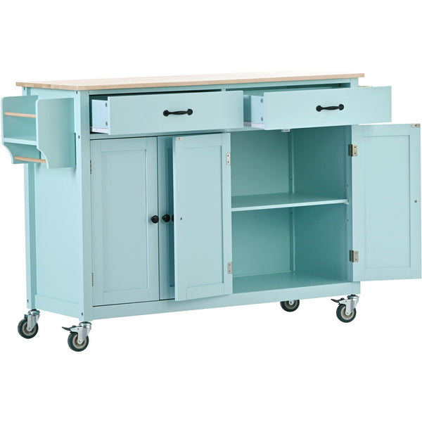 Kitchen Island Cart with 4 Door Cabinet and Two Drawers and 2 Locking Wheels - Solid Wood Top (Mint Green)