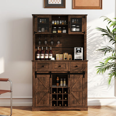 72 Inch Coffee Bar Cabinet with Drawers and Sliding Barn Doors-Brown
