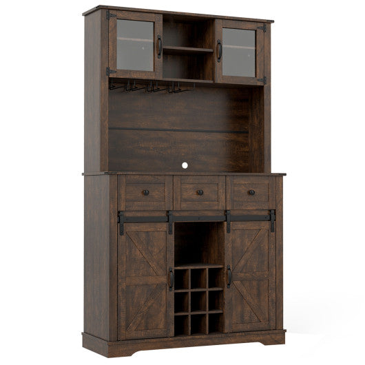 72 Inch Coffee Bar Cabinet with Drawers and Sliding Barn Doors-Brown